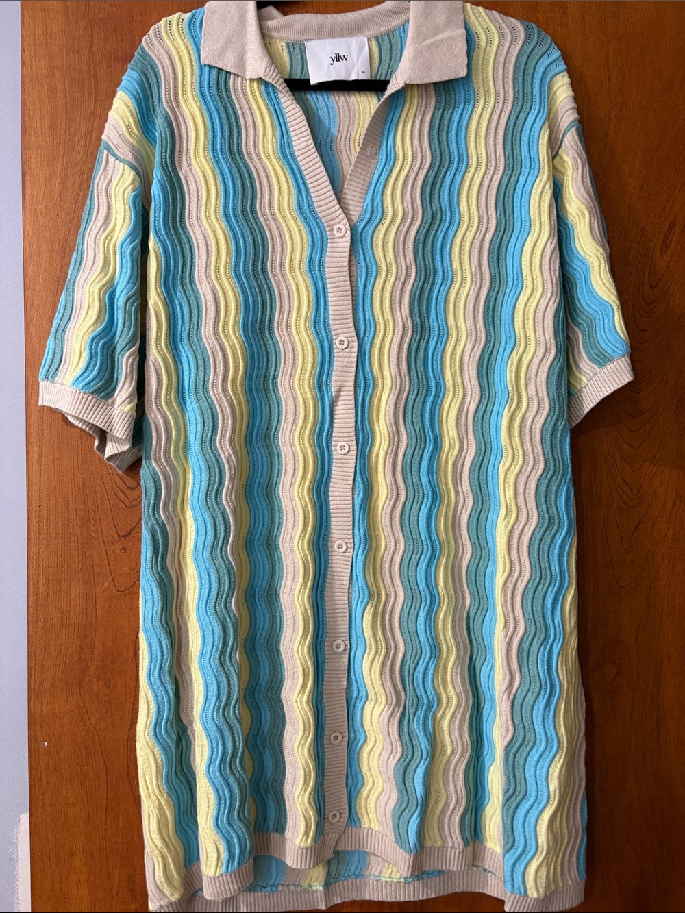 Wavy Stripe Button-Down Knit Shirt Dress in Blue, Yellow & Tan